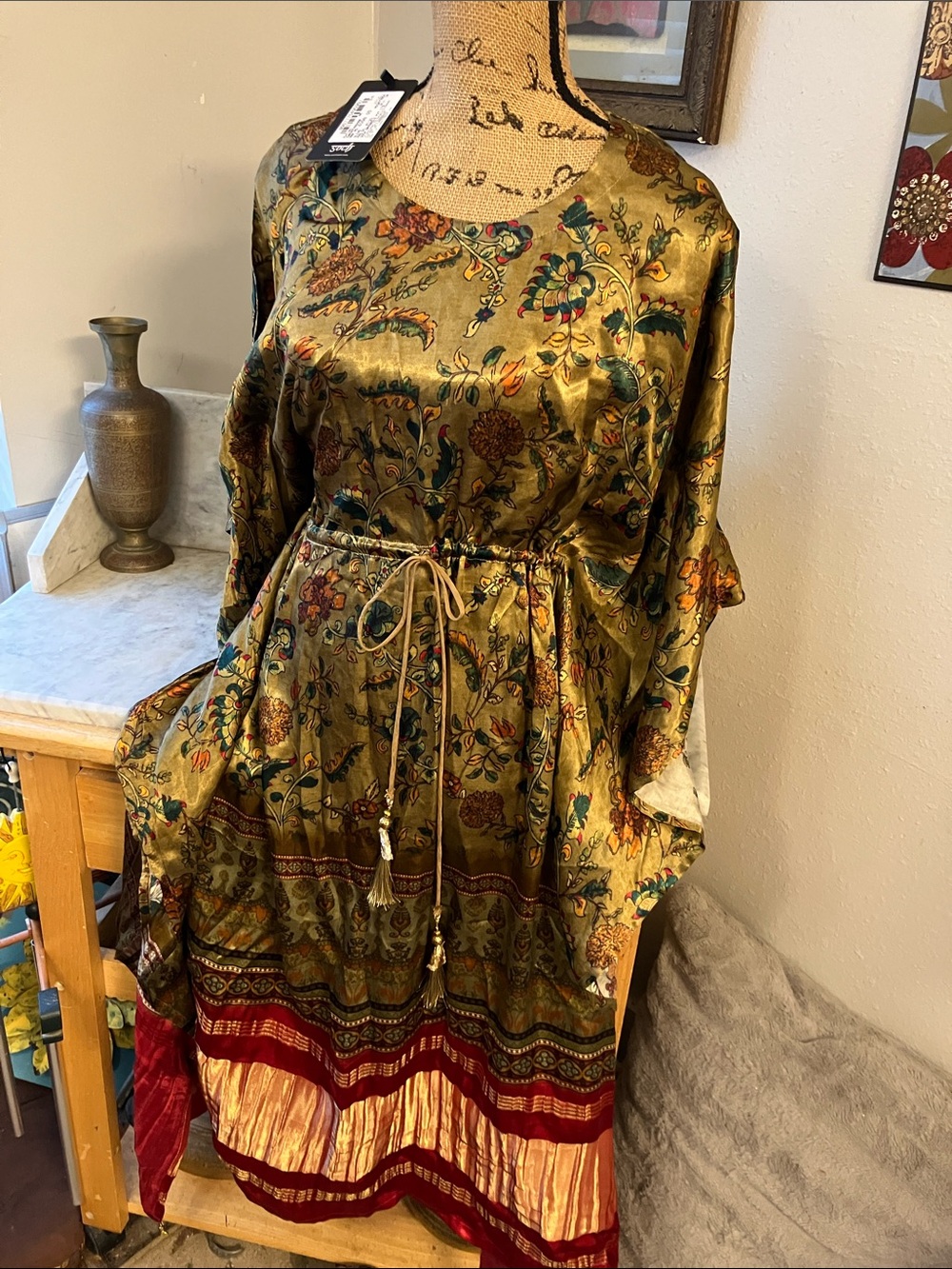 Floral Satin Maxi Dress in Gold with Red Trim